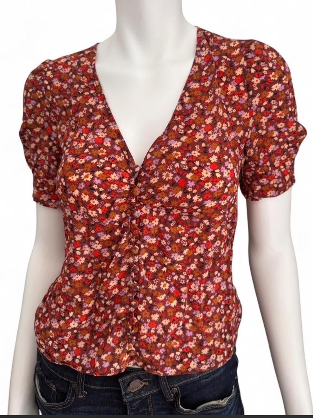 Madewell 100%‎ Silk Floral Blouse Tiny Floral Blouse with puff shoulders
